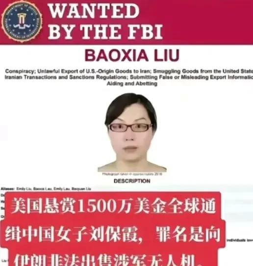 美国FBI发布1500万美元全球悬赏令，对象是山东美女刘宝霞！
一份美国国务院发