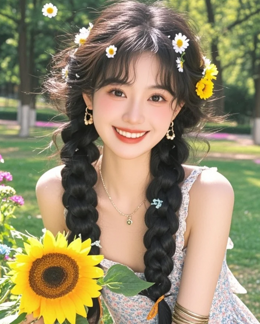 她拿着向日葵微微一笑，阳光都忍不住多看一眼