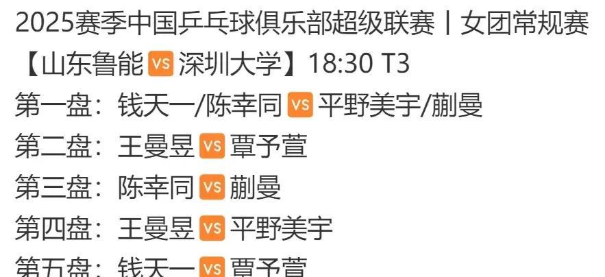 今天最精彩得乒乓球比赛来了！
  乒超联赛今天的重头戏就是山东鲁能队对阵深圳大学