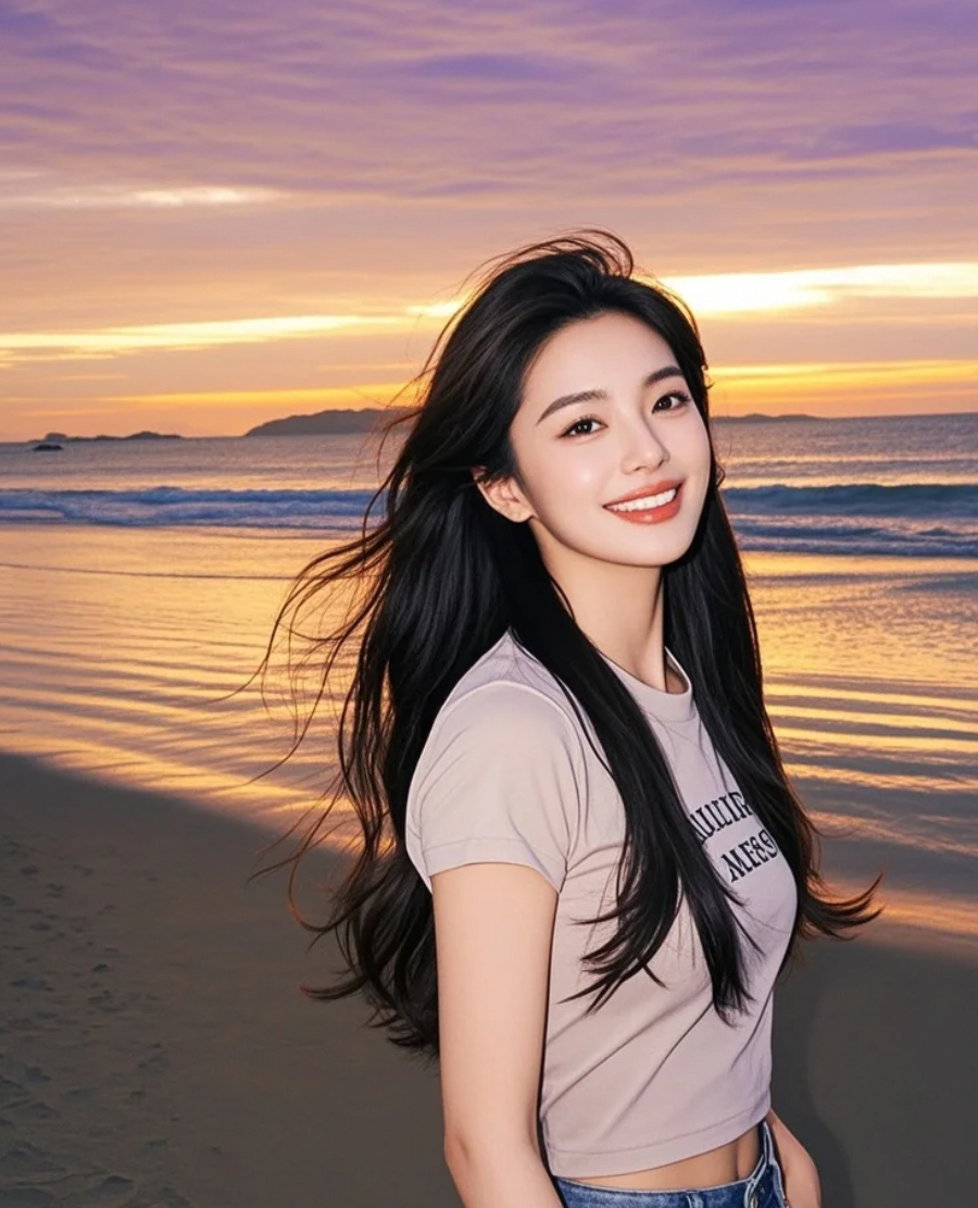 白云为她铺路，她身着T恤，以亲和笑容与飞扬发丝，点亮黄昏的沙滩