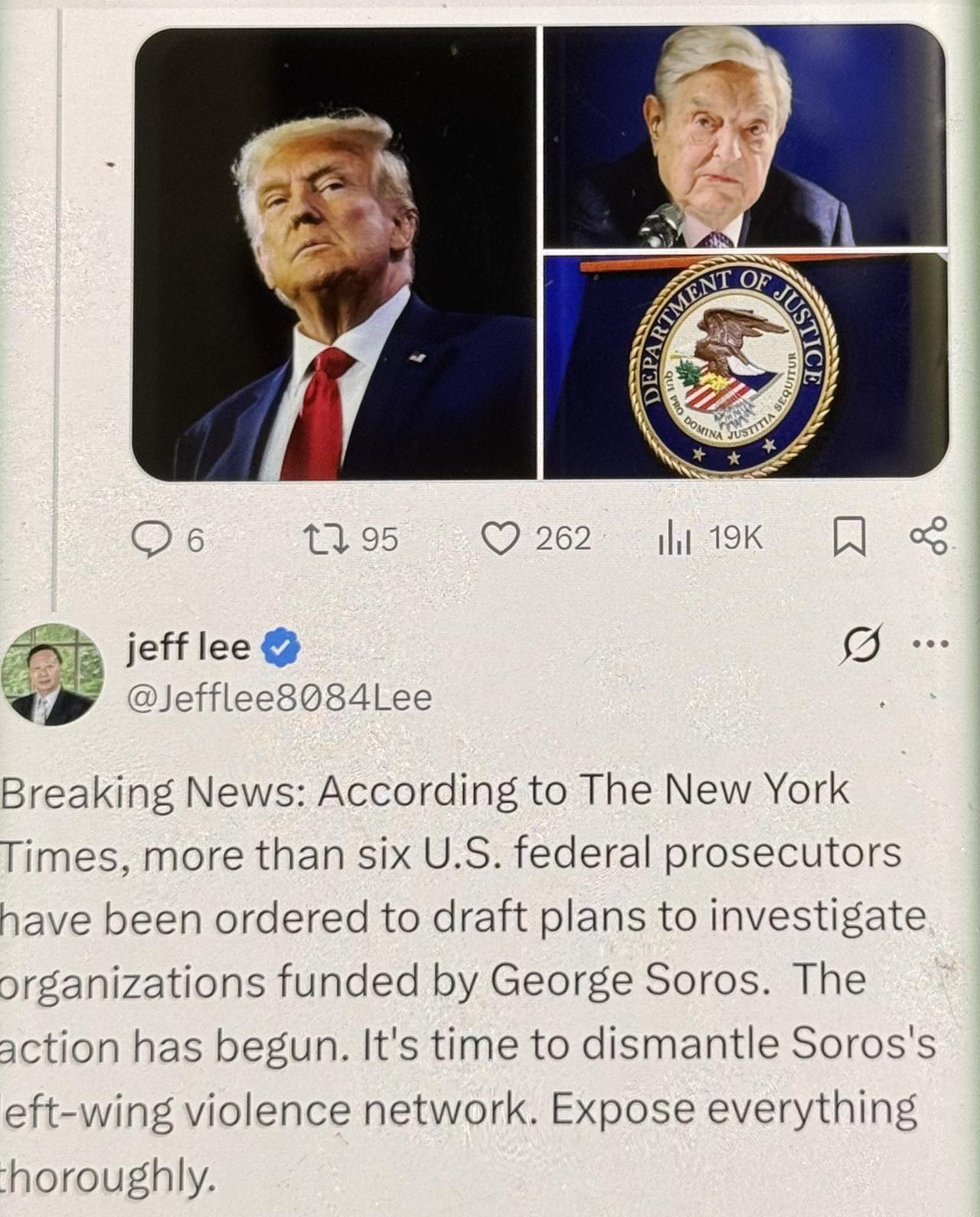 突发新闻：据《纽约时报》报道，超过六名美国联邦检察官已被命令起草计划，调查由乔治