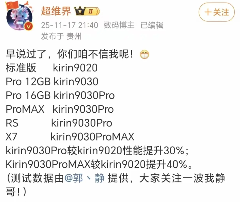 今年mate80系列和X7系列搭载的麒麟9030处理器分出几个版本来了…
有博主