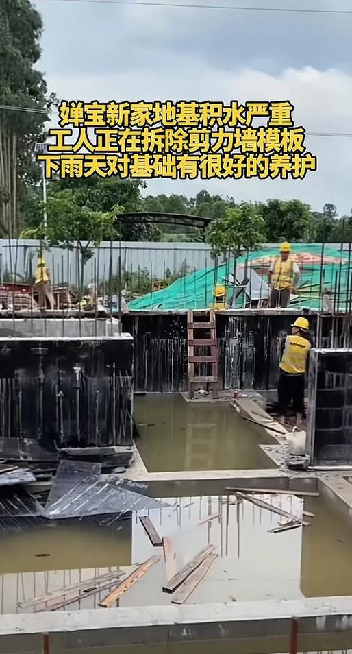 近日湛江下暴雨，导致全红婵家的新房地基聚集不少雨水，顺带检验一下质量。
只见聚集