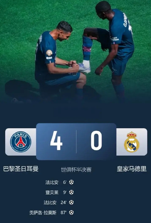 4-0狂胜皇马进决赛，登贝莱金球稳了，巴黎剑指7冠王。
世俱杯半决赛，巴黎碾压皇