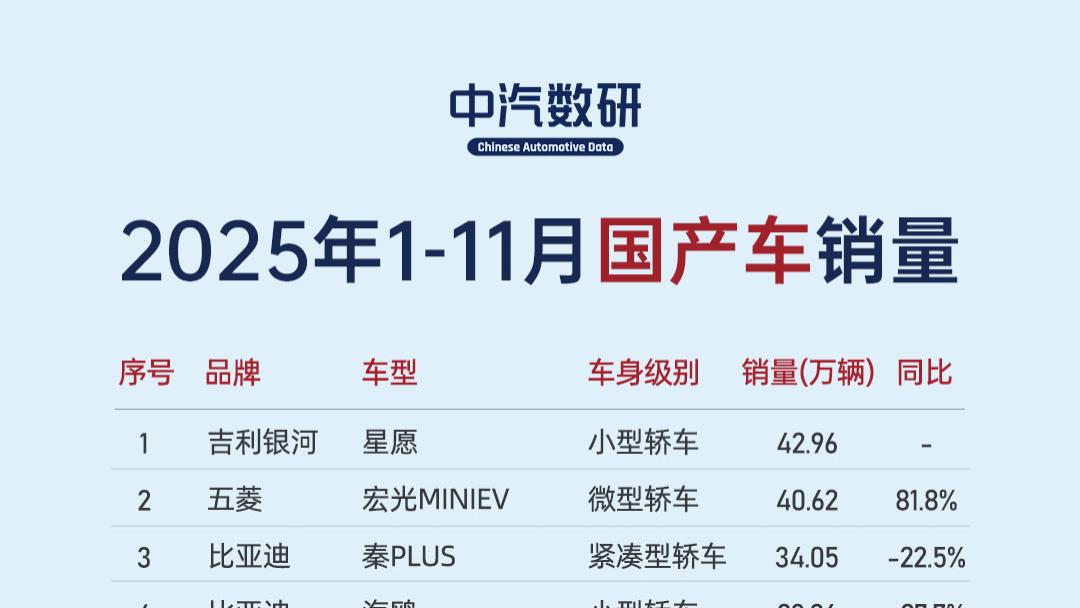 2025年1-11月国产&海外车型累计销量TOP60
