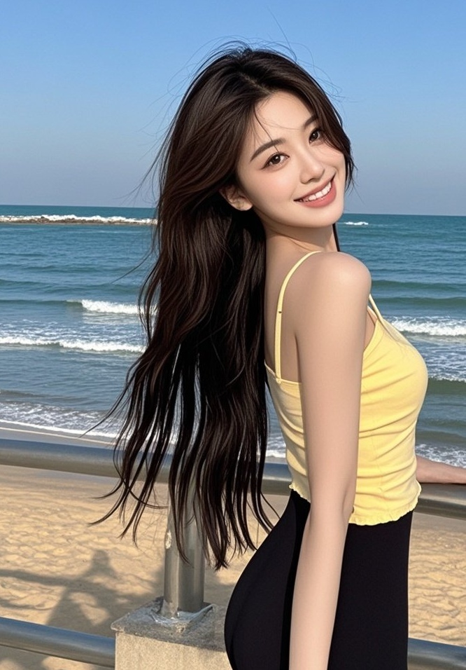 绝美少妇海边漫步，回眸瞬间心动不已