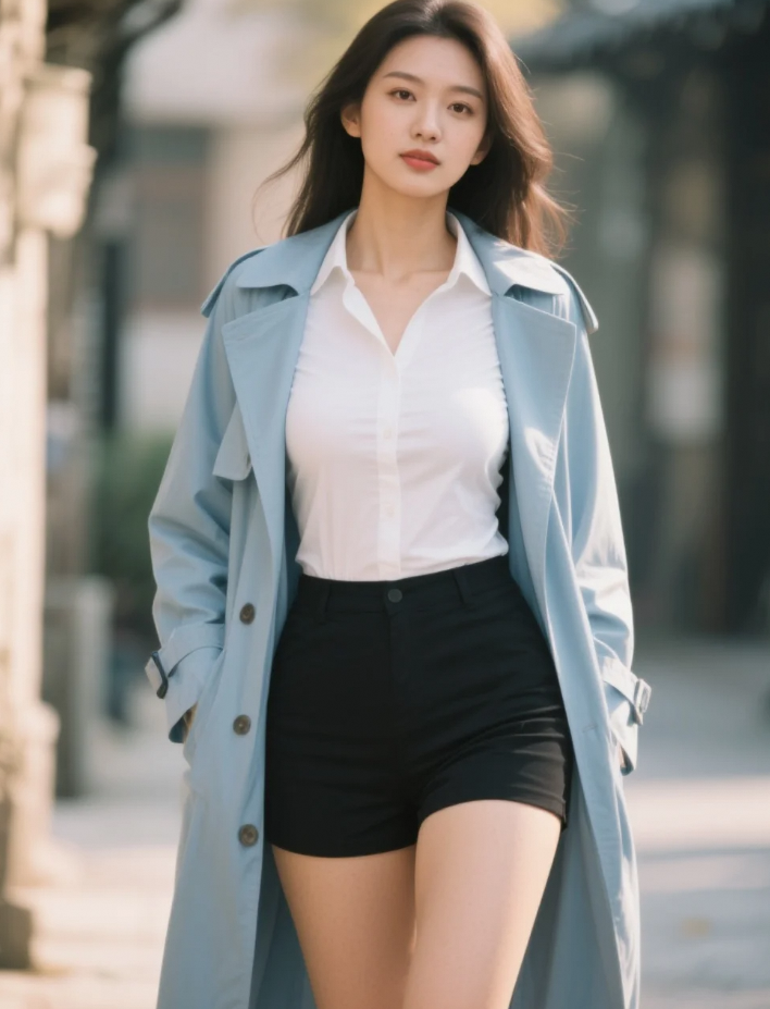 灰蒙蒙天色里，热裤与风衣的色差，比任何修图都显瘦