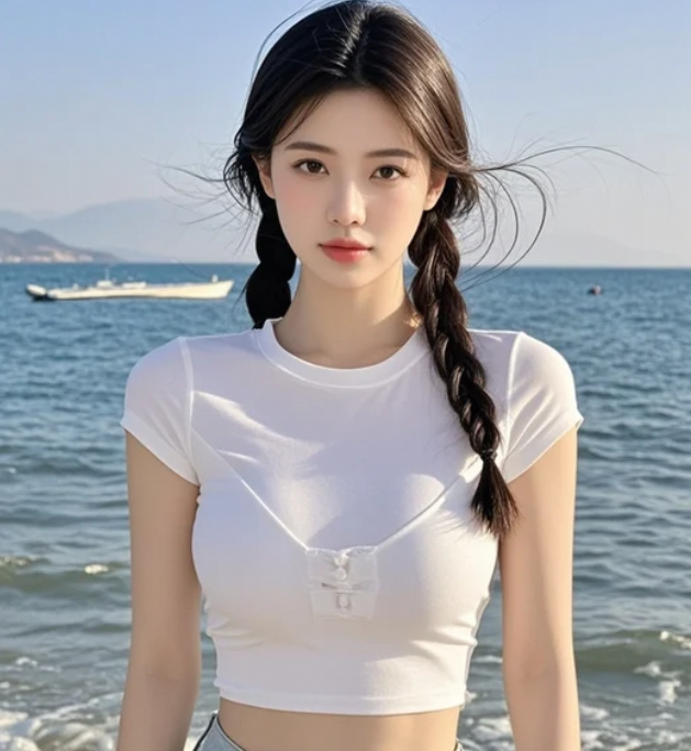 她在海边拍照时被风吹乱头发，却更显自然魅力。