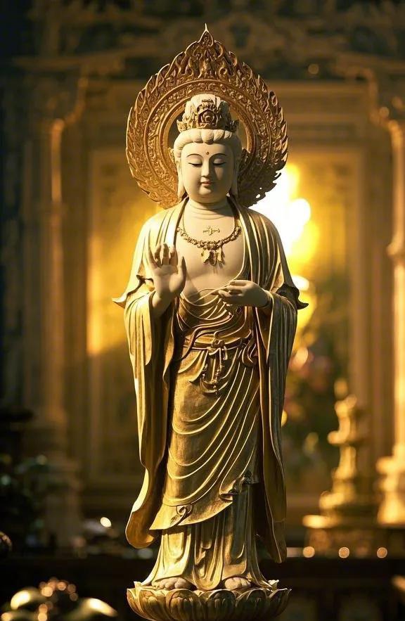 愿佛像慈悲垂护，家人皆平平安安，身如苍松不惧风雨。其周身金光闪耀，华服头冠尽展庄