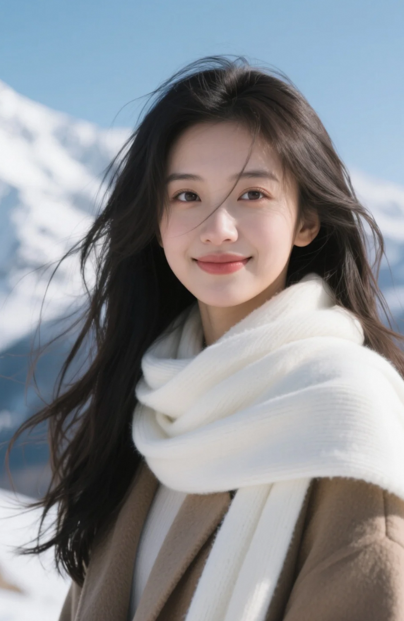 她的笑和飘动的发丝，唤醒了整片雪山