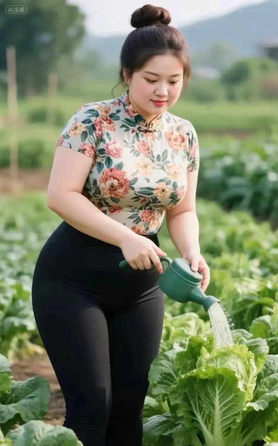 七律·园中仙
翠圃葱茏映日鲜，佳人浇菜韵如仙。
花衣绽彩香凝露，云髻盘珠意带烟。