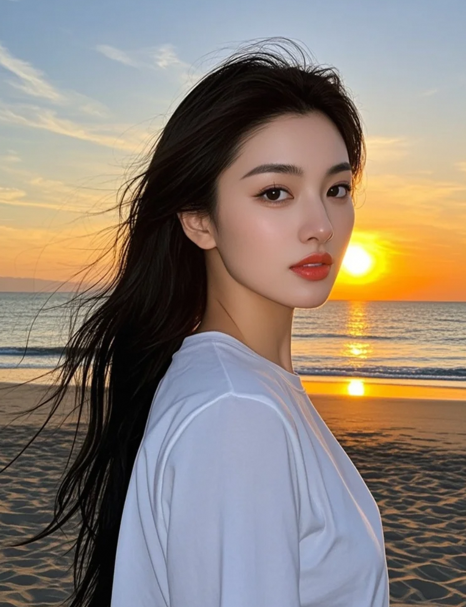 在海天一色的画布上，她以精致妆容与飞扬发丝，勾勒出活力四射的明星剪影