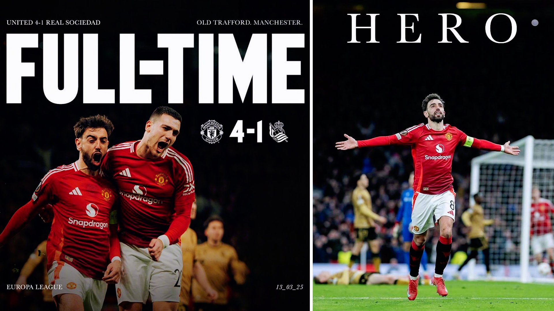 欧联杯：曼联主场4-1大胜皇家社会，总比分5-2顺利晋级八强。
B费帽子戏法，多