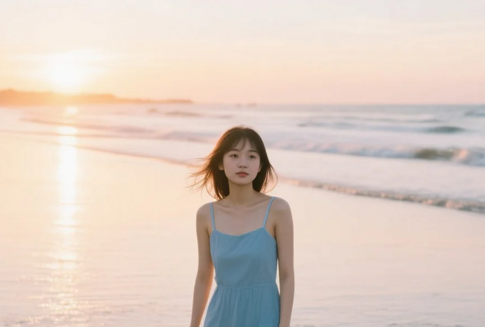 海风吹过，带走了所有的忧伤，只剩下我和这条美丽的连衣裙。