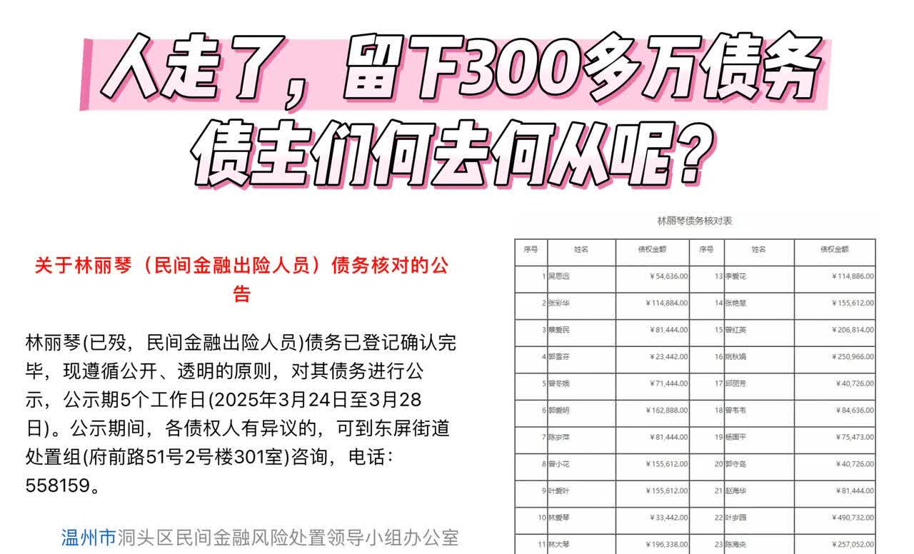 温州林丽琴人已离世，却还欠下300余万债务，这300多万全是欠的民间个人的，债券