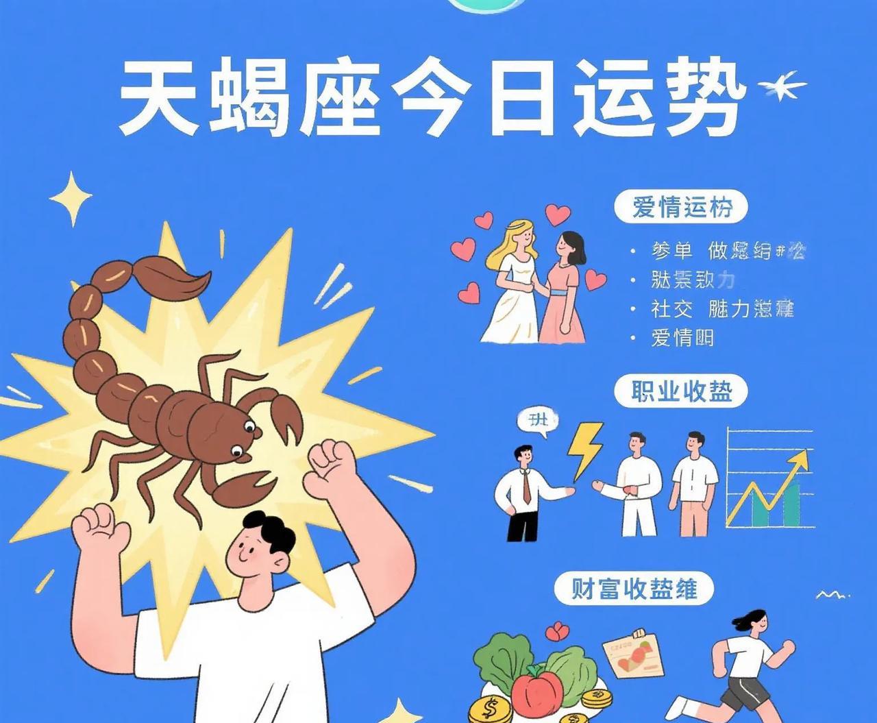 天蝎座今日运势 | 好运预警！
整体运势：今天的你仿佛被幸运女神眷顾，综合运势相