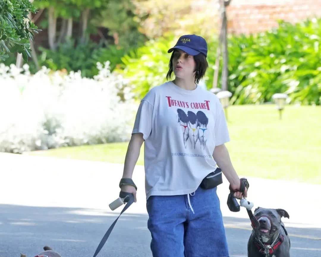 碧梨 Billie Eilish 最近被拍到上街遛狗，模样有点像《无耻之徒》中的