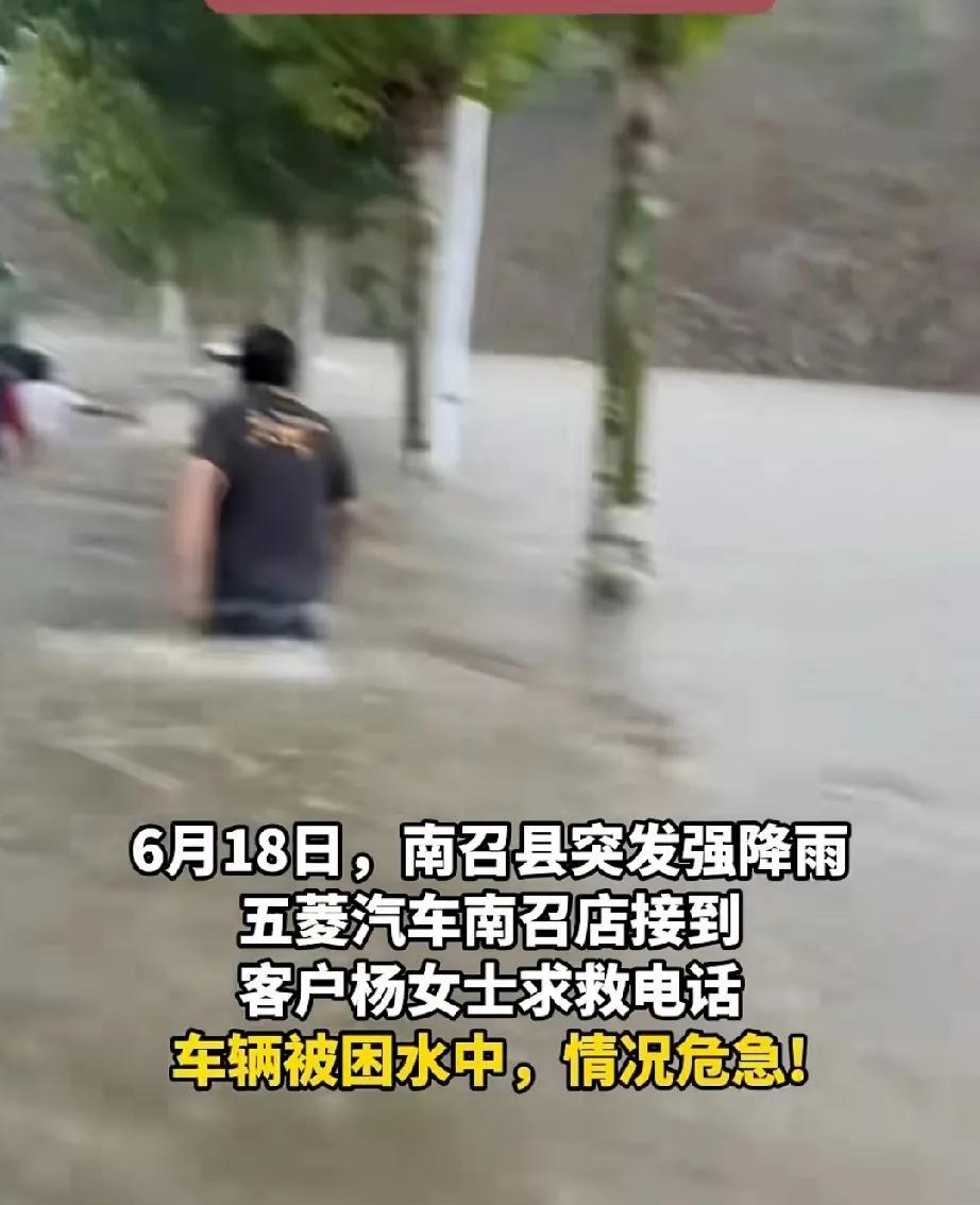 6月18日，河南南阳南召县突降暴雨。一女子驾驶一辆五菱车在路上行驶。雨越下越大，