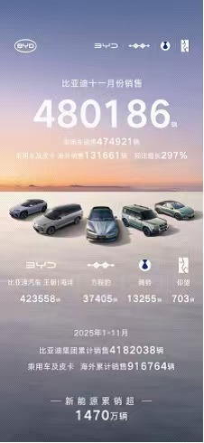 比亚迪11月成绩单：48万辆领跑新能源