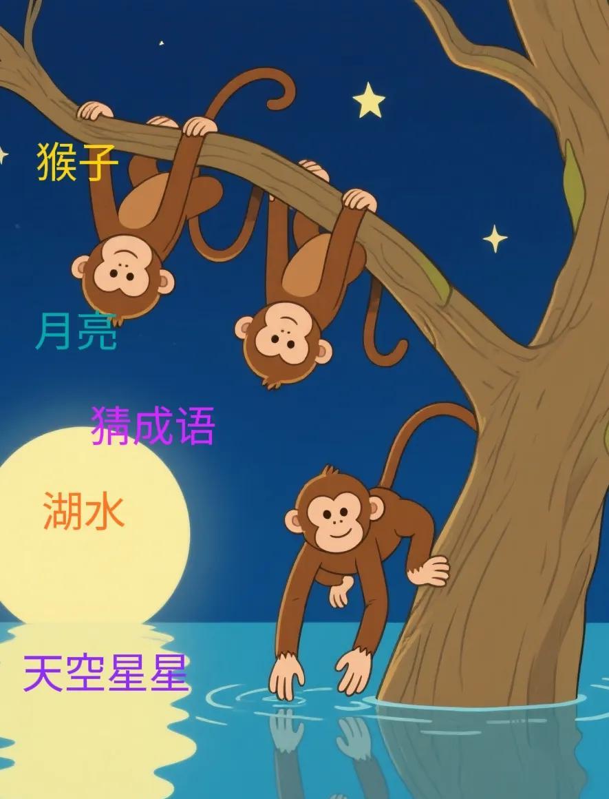 猴子捞月，一场空
你也在干这事吗？
画面里，一群猴子倒挂在树上，伸手去够湖里的月