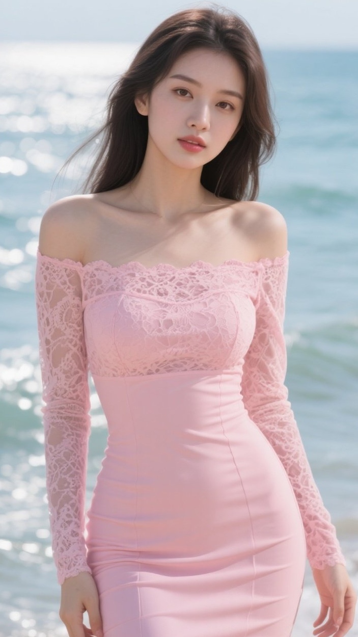 美眉赤足逐浪花，夕阳染红半片海