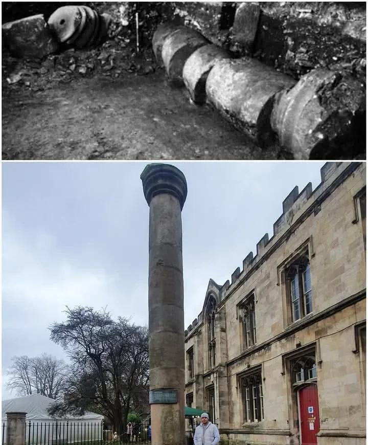 位于英格兰约克市的公元1世纪罗马柱——它在1969年挖掘期间呈现的样子，以及我在