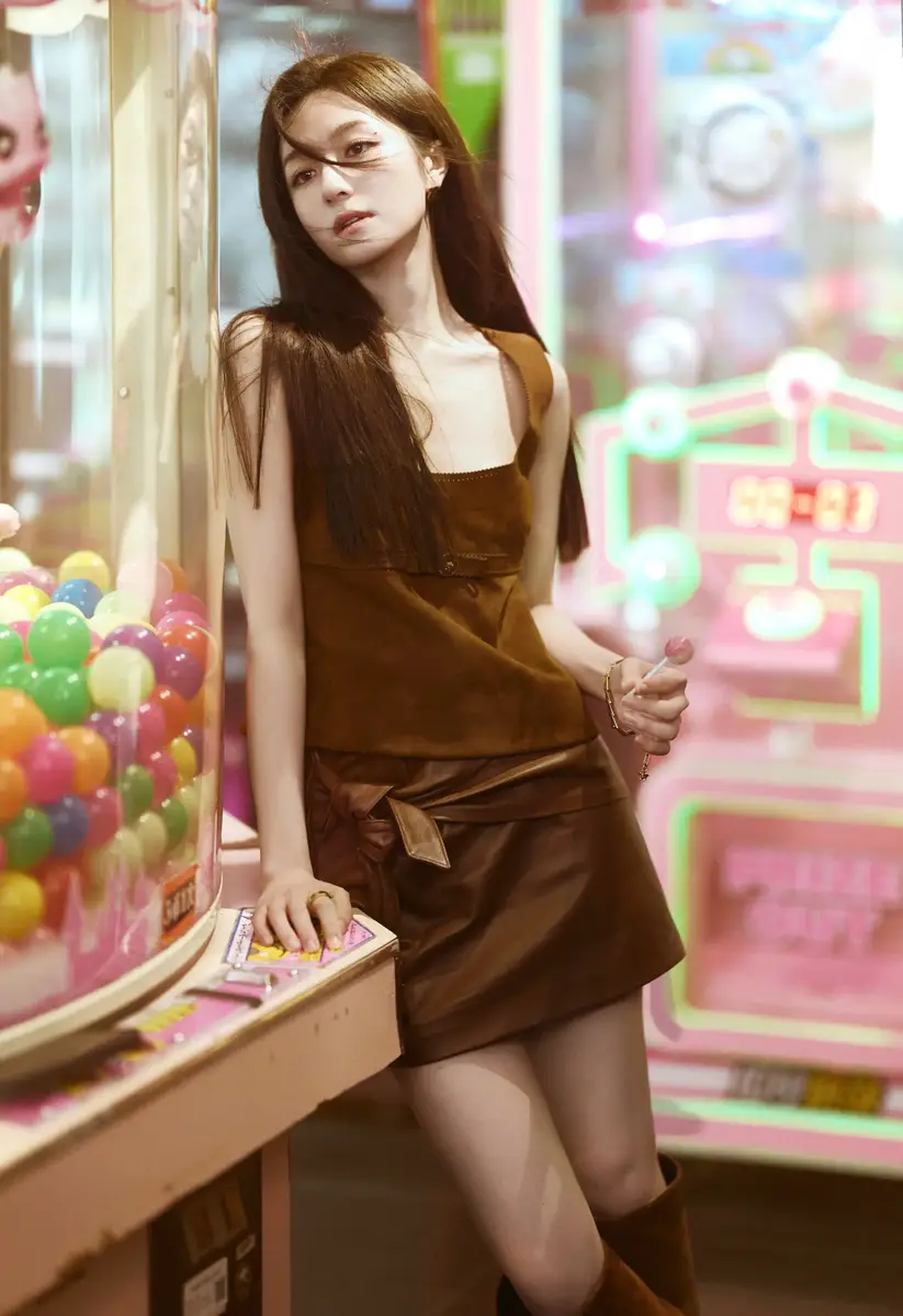 李兰迪晒游戏厅氛围感美照 手持棒棒糖俏皮可爱
