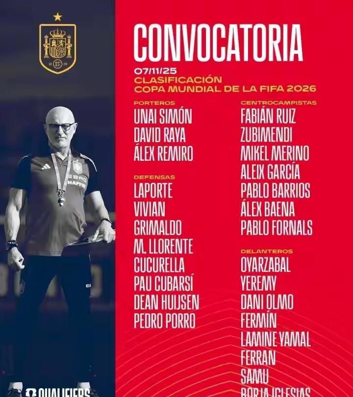 西班牙国家队公布11月份世预赛名单，亚马尔领衔巴萨5人入选，皇马赫伊森入围，门将