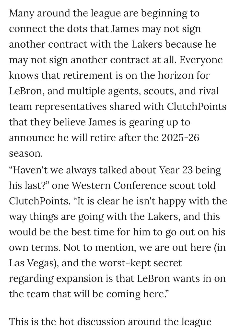 NBA记者Brett Siegel撰文报道：“联盟中有不少人开始串联线索，认为詹
