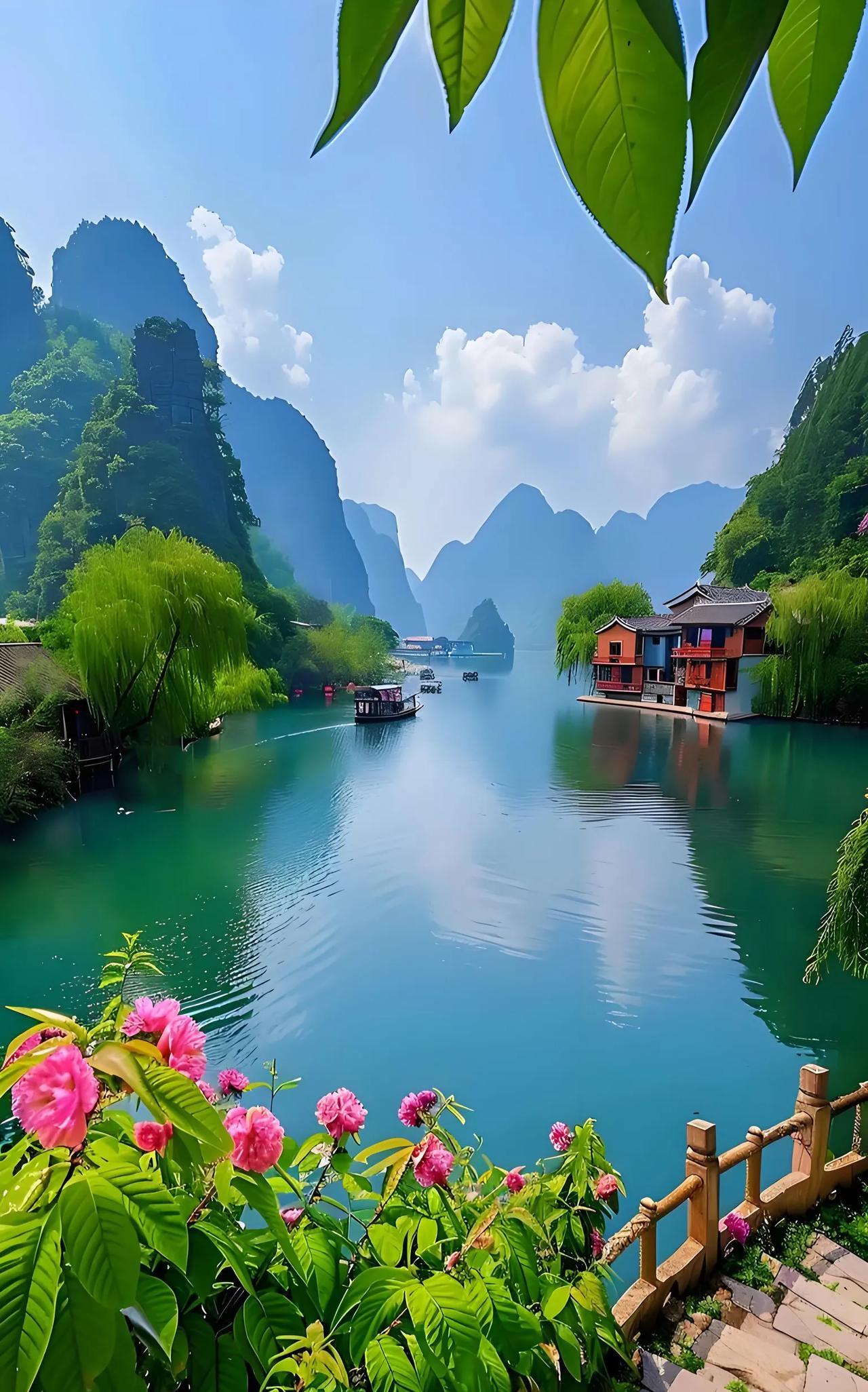 翠岭浮空入画屏，
澄波摇影映天青。
妙笔渲染难描尽，
一抹烟霞万壑灵。