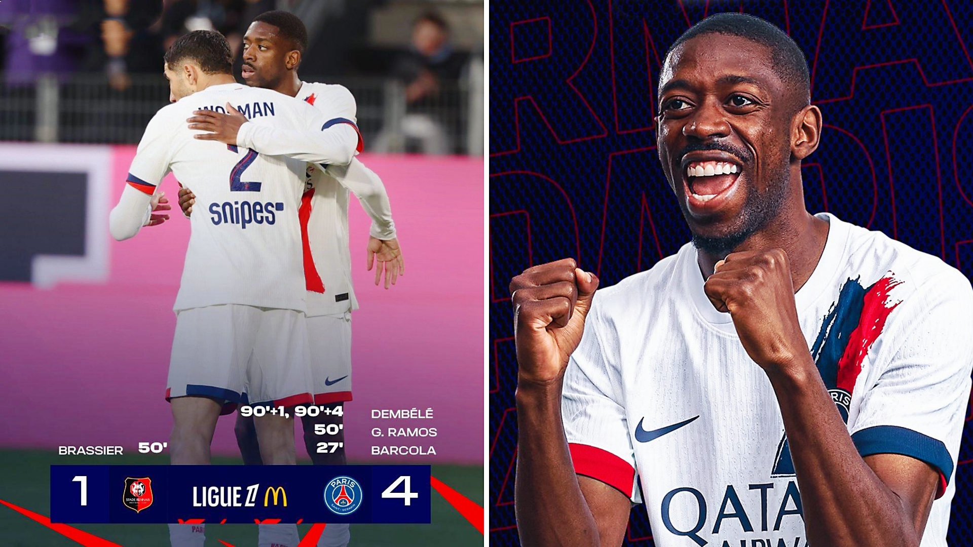 法甲：巴黎圣日耳曼客场4-1大胜雷恩，继续领跑榜首位置。
巴尔科拉破门，拉莫斯建