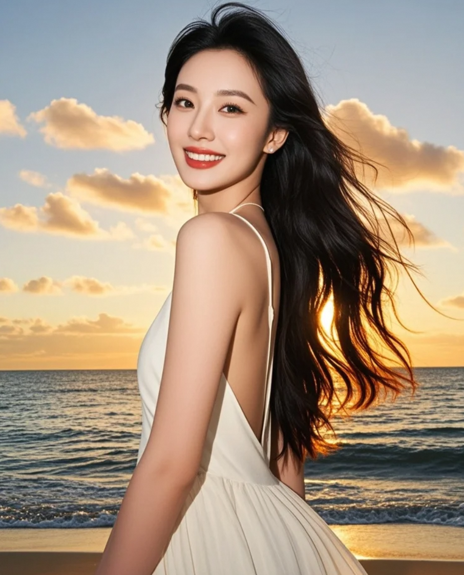 橙粉晚霞是画布，她纯白的身影是唯一的笔触