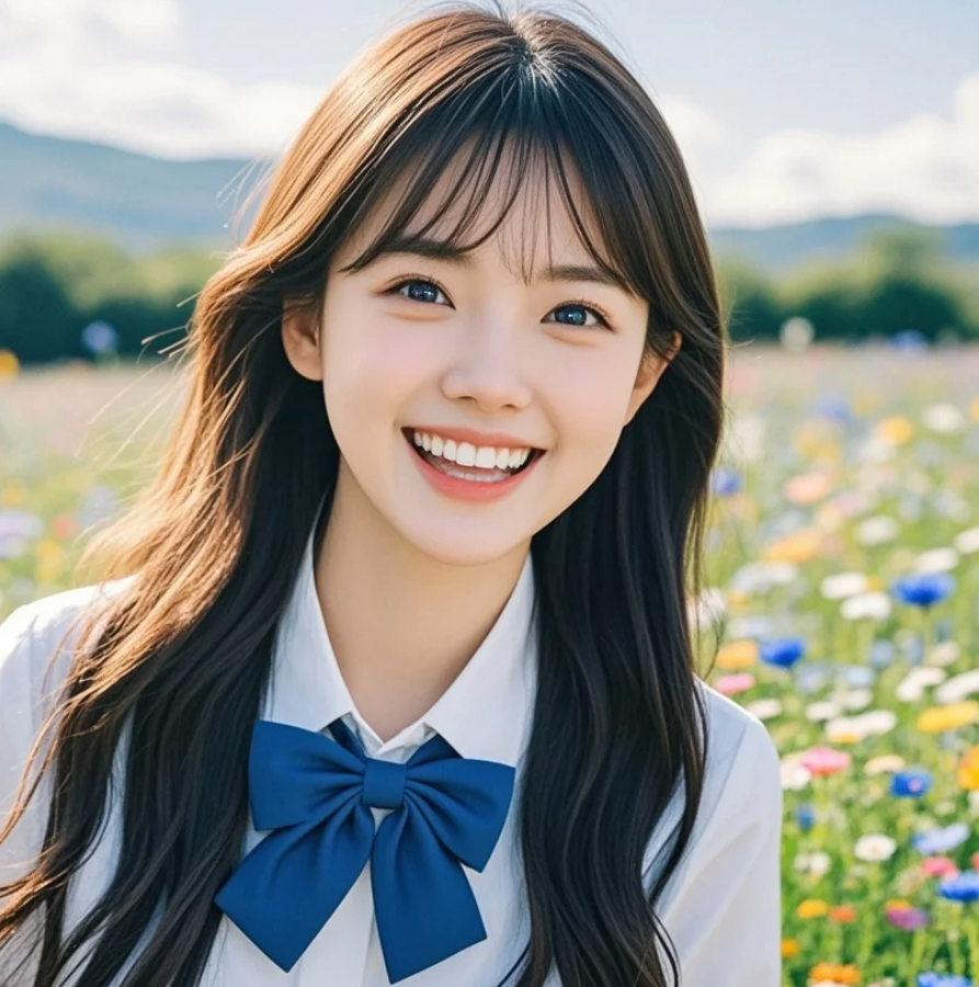 草原野花映衬下，她的微笑如此动人
