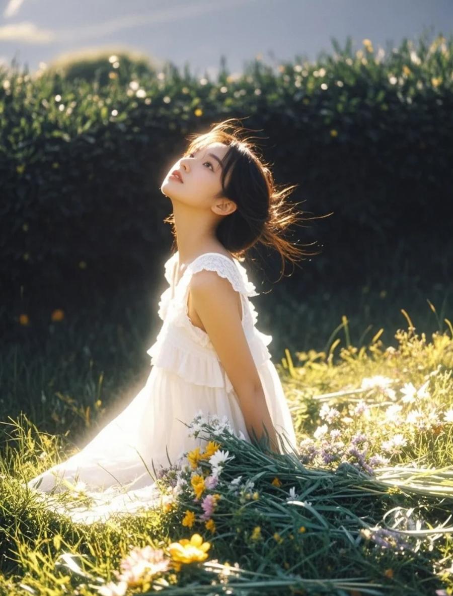 阳光倾泻如瀑，她沐浴在金色海洋