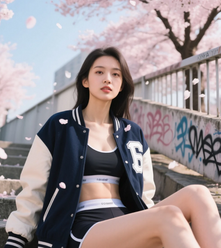 棒球夹克锁住春日温暖，街头美女与樱花共舞