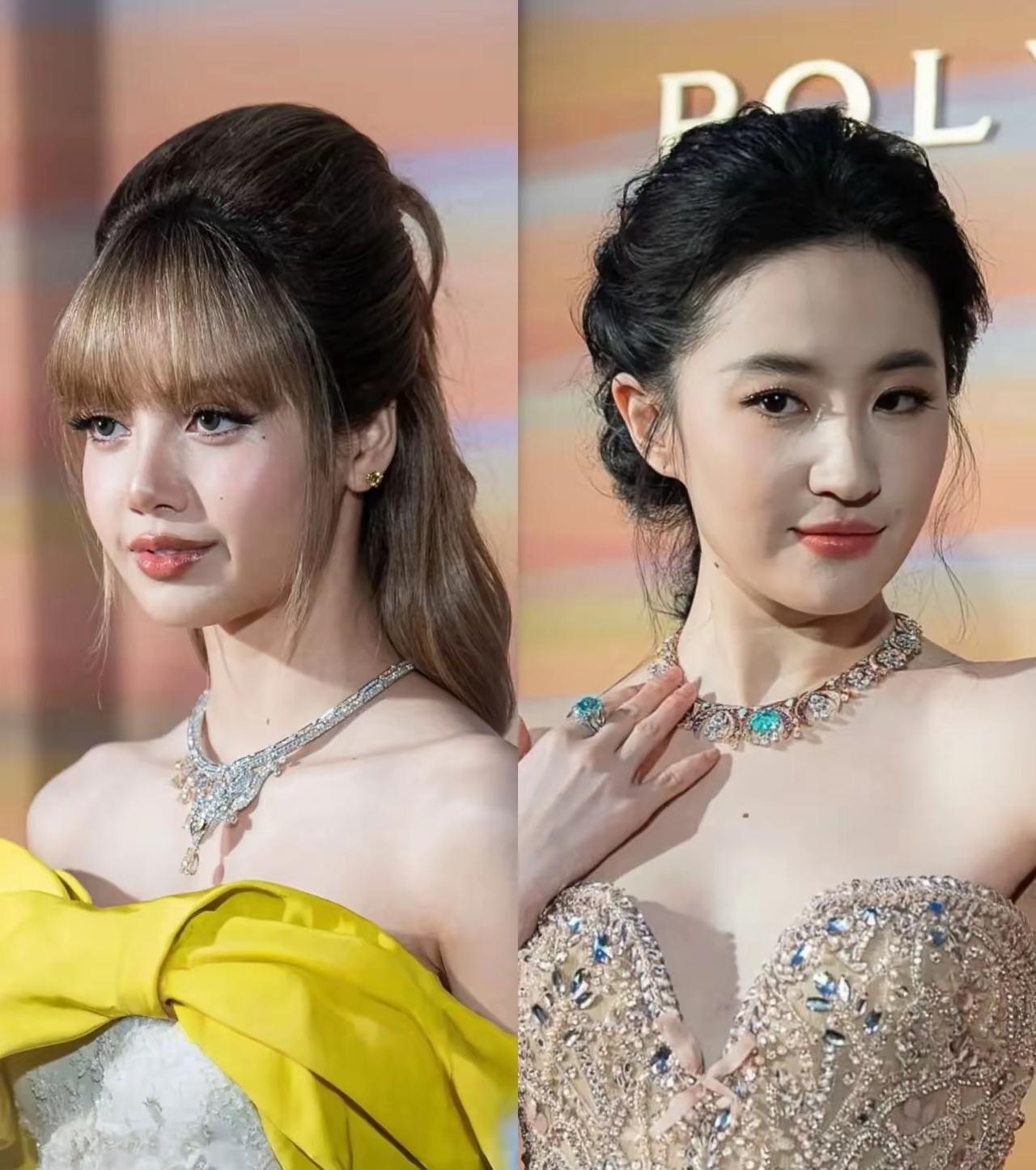 宝格丽的两位代言人，果然是没有对比，就没有伤害……
Lisa穿着抹胸裙，扎着高马