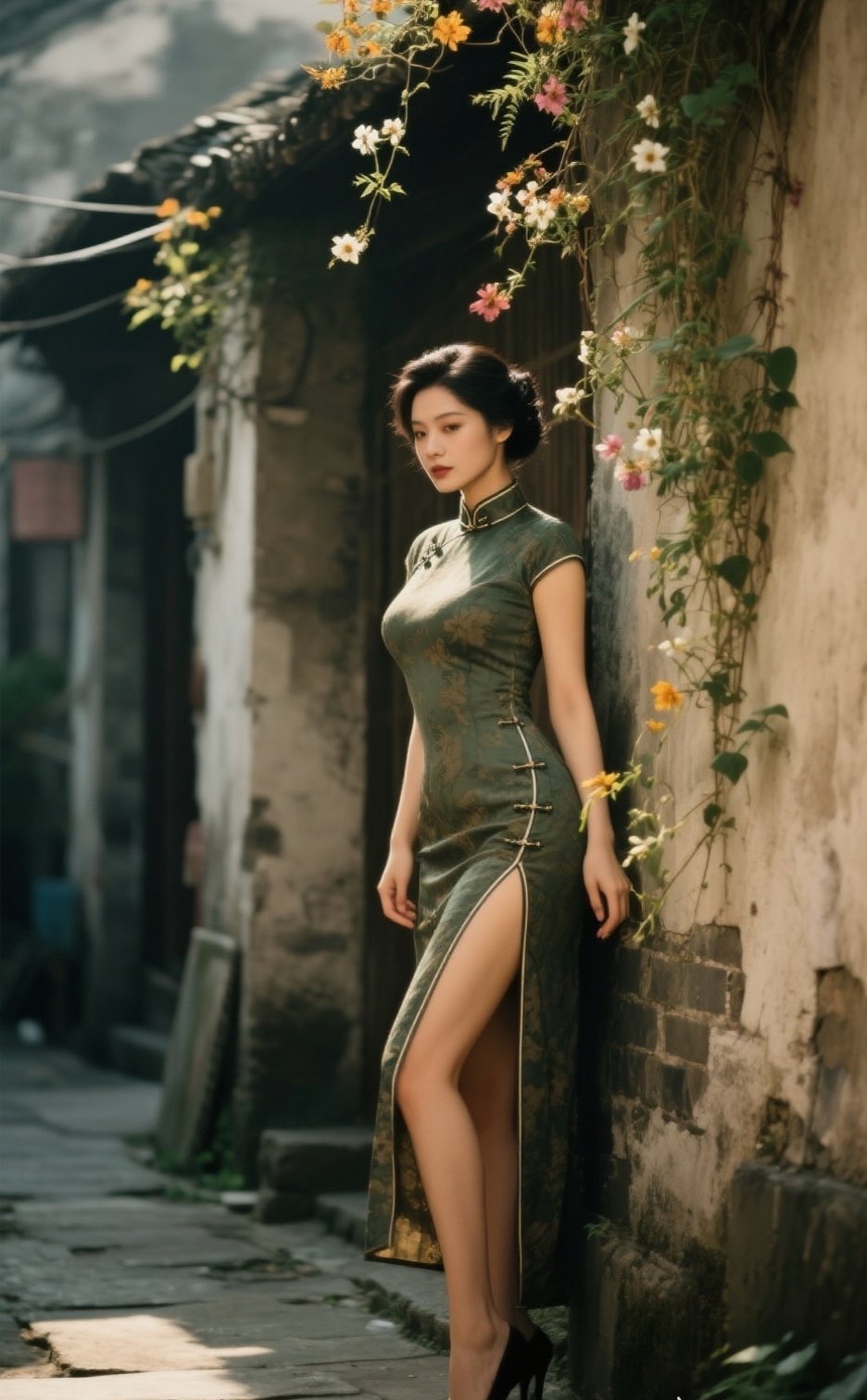 古典美眉旗袍立，长腿高跟气质如兰