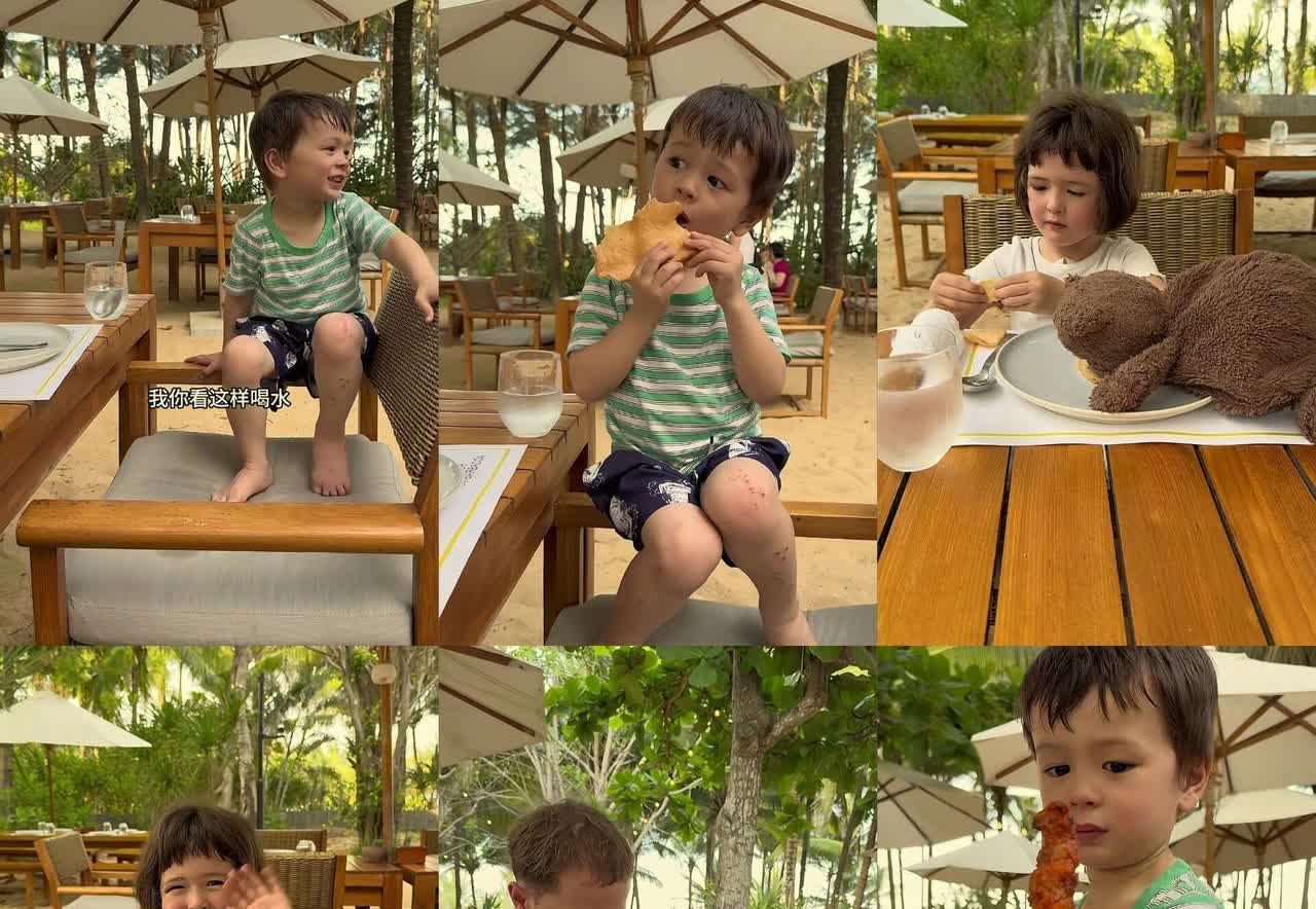 小黄一家三亚行！安露西将头发剪短了，在海边玩沙子，吃西餐，小凯文认真干饭的样子太