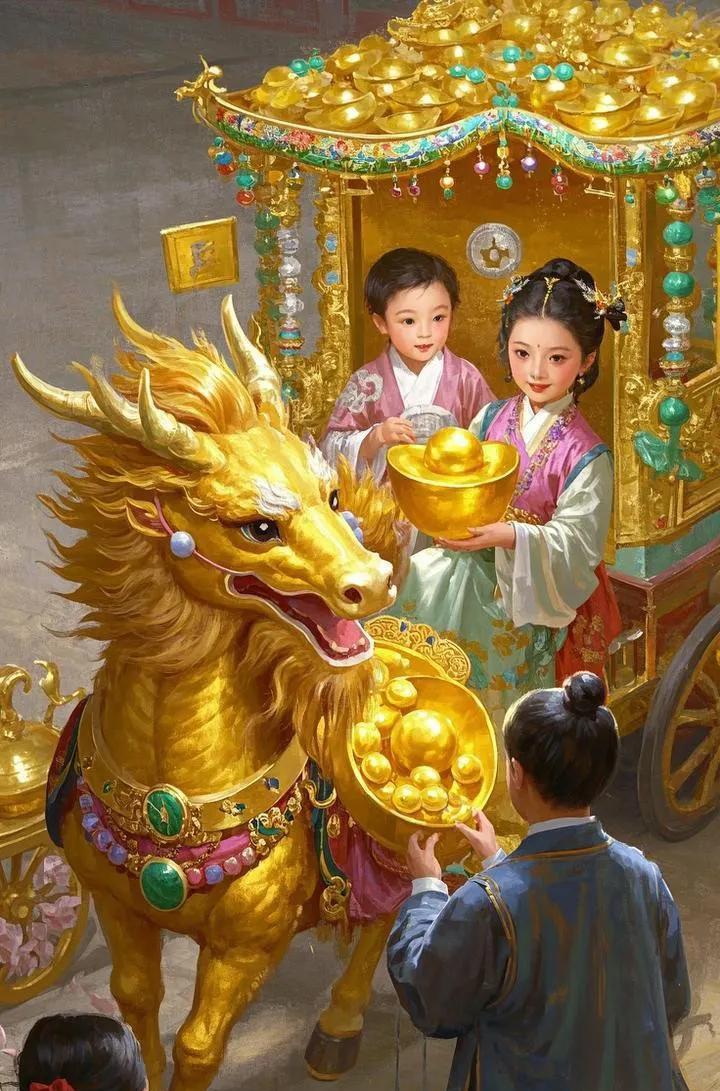麒麟瑞气漫天扬，降临人间送儿郎。夫妻求子多年长，今朝美梦终得偿。娃娃落地声洪亮，