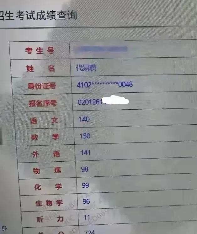 总分724！数学满分150！物理98和化学99  数理化总共扣3分！天才呀！这成