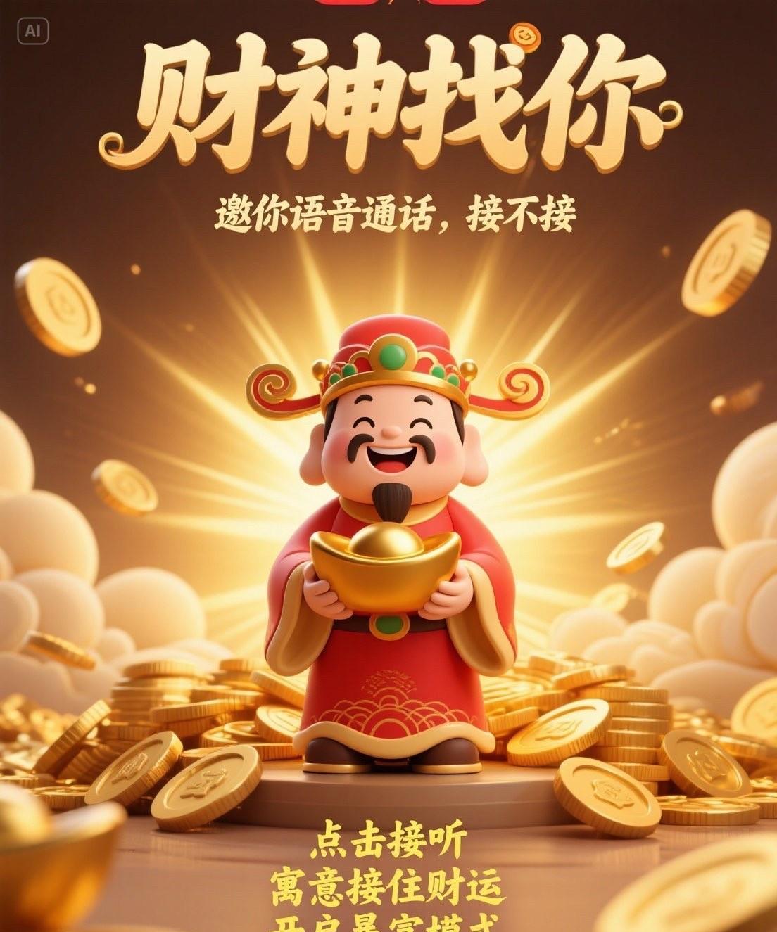 “财神找你 邀请你语音通话 接不接” ，财富、好运的期许，点击“接听” 寓意接住