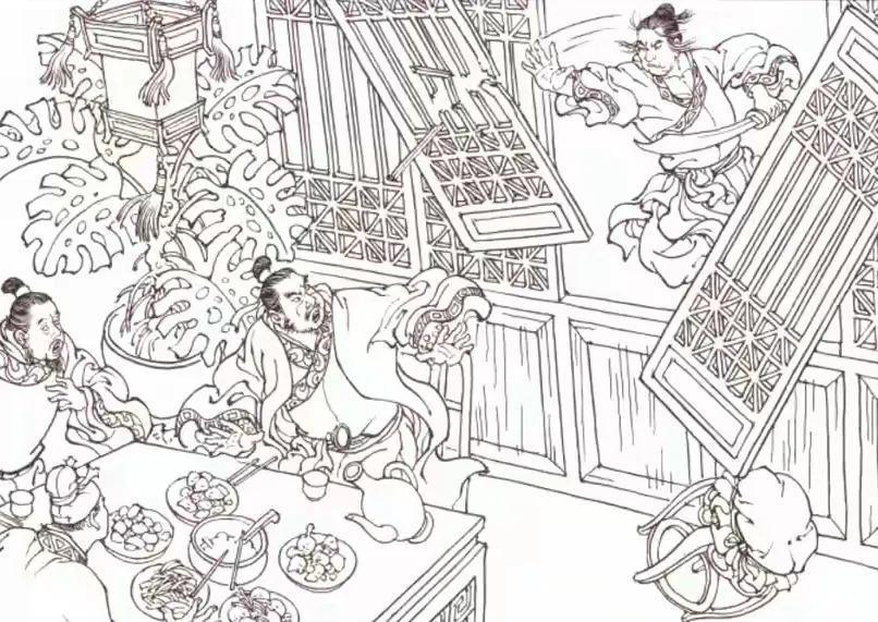 大闹飞云浦后，大汉手持钢刀，潜入孟州城，来到鸳鸯楼。他听见里面说话：“多亏二位哥
