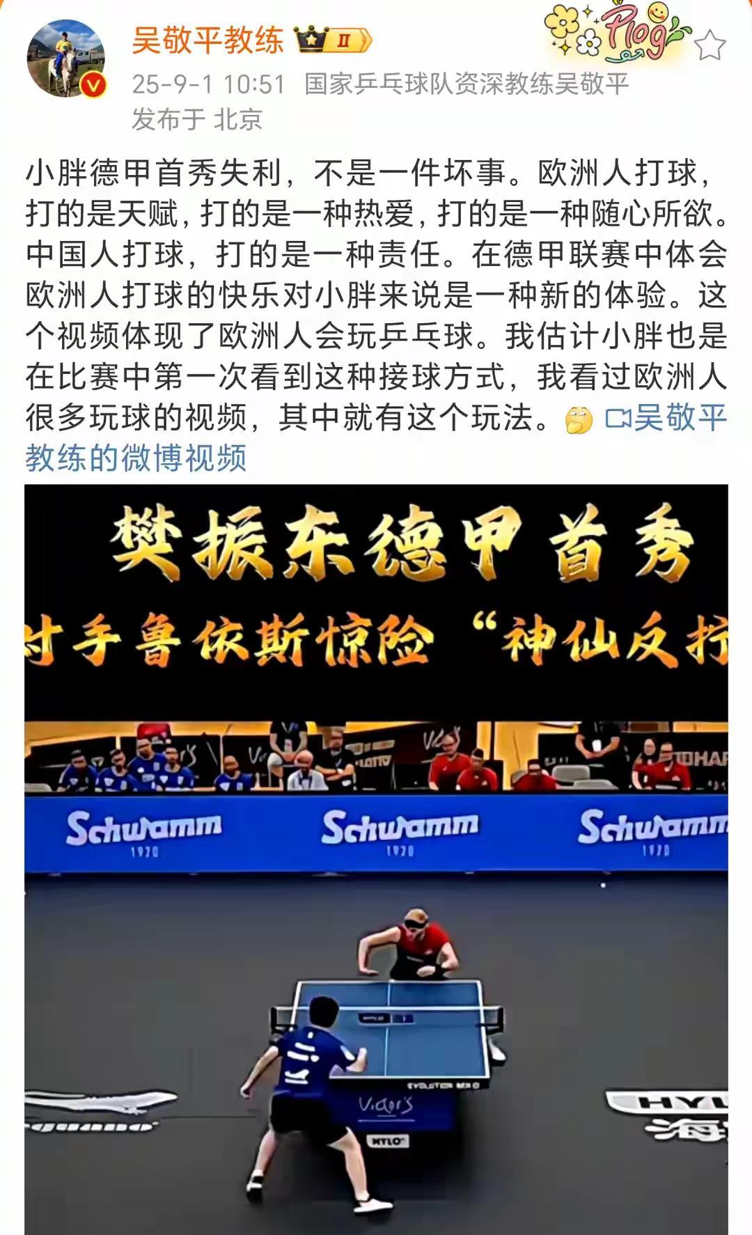 樊振东德甲首秀失败，吴敬平教练到是风轻云淡一点不心疼，说樊振东首秀失利不是坏事，