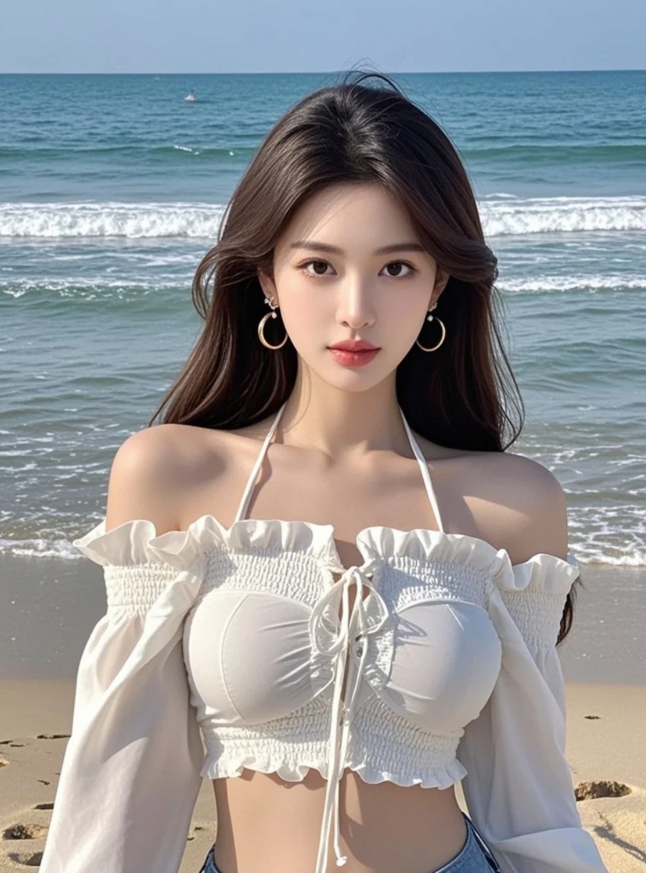 她在海边追逐浪花，像极了无忧的少女