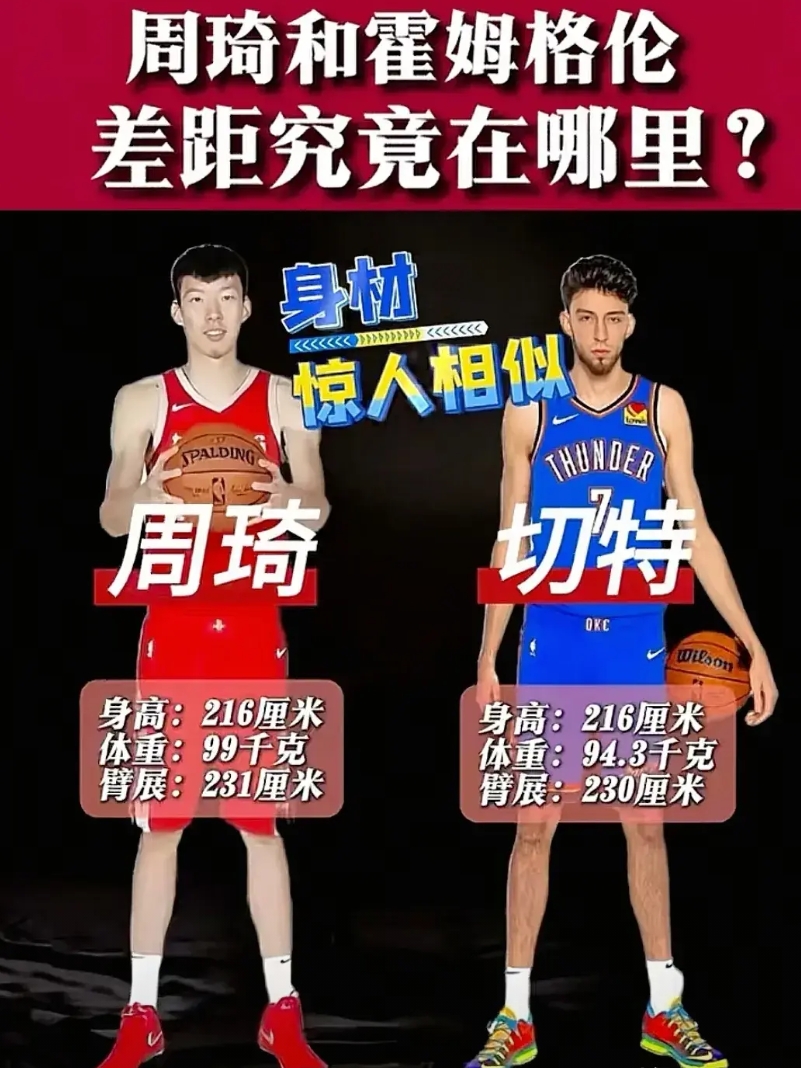 中国大魔王周琦对比切特到底差在哪里？

两人身材惊人的相似，身高同为216cm，