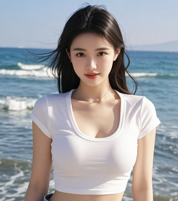 沙滩上的阳光洒在她身上，温柔得像一首诗