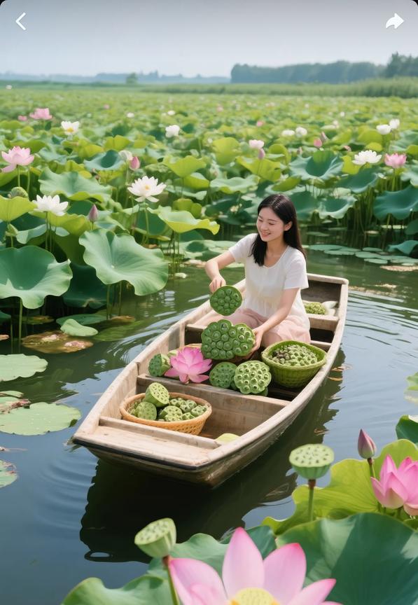 采莲姑娘
在荷花铺成的海
她乘一弯木舟而来
像朵会移动的白荷
落在绿波的褶皱里
