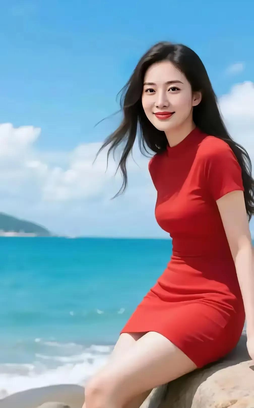 海边女子
云逐海天遥，
红裙映碧霄。
窈窕风中立，
容光比玉娇。