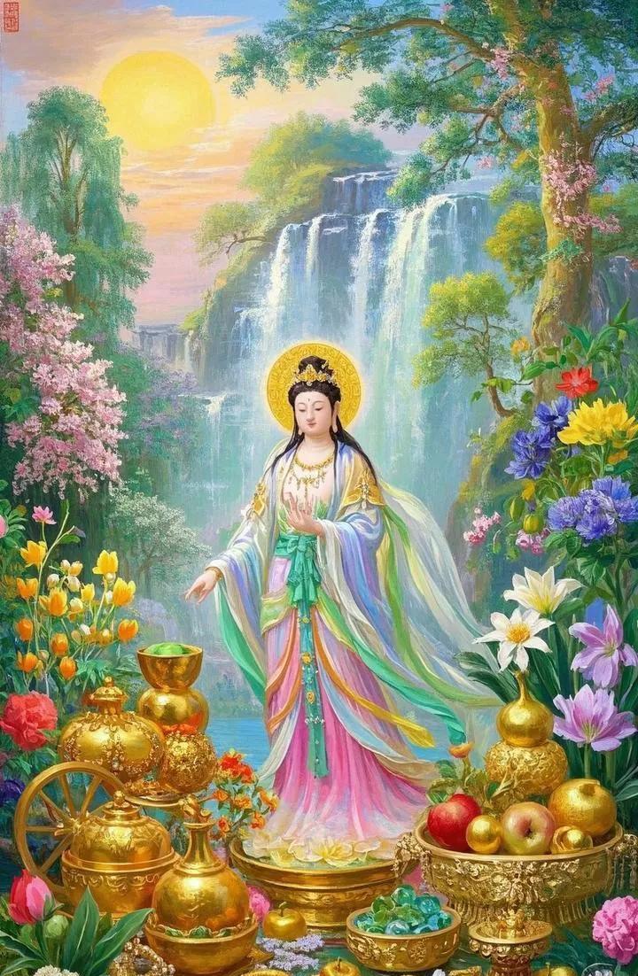 拜观音，心诚恳，灾祸病痛全逃遁，出门平安没烦闷，贵人随时来帮衬。求姻缘，红线引，