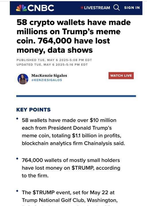 根据统计数据，买卖特朗普币到现在有58个账号赚钱，764000个账号亏本。
区块